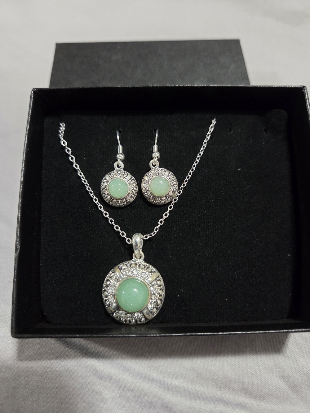 Silver And Green Stone Pendant & Earrings Set